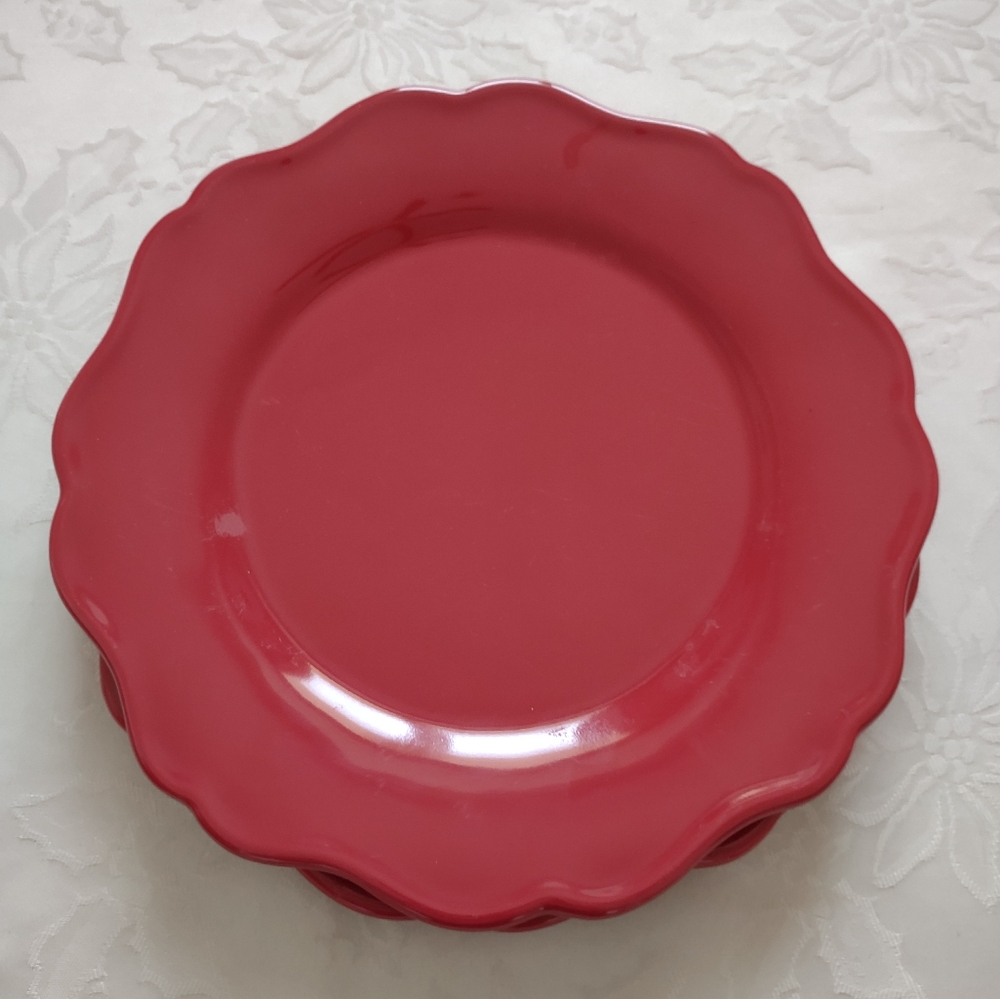 2 Scalloped Red Dinner Plates Stoneware